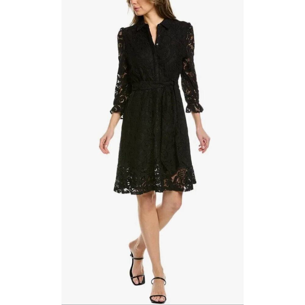 Nanette Lepore Valentina Black Lace Tie Waist Dress With Sleeves Fall Witchy EUC